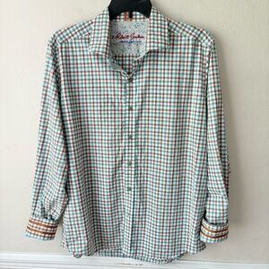 🎁5/$25 Robert Graham Modern American Turquoise Brown White Gingham Plaid Shirt